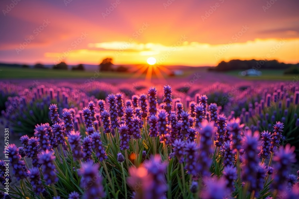 Obraz premium Beautiful sunrise illuminates a lively purple flower field in rural landscape.
