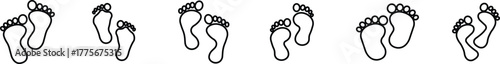 Footprint and shoe print icon set, collection, and group in black line style, including barefoot, boot, sneaker, trail, and walking track symbols, perfect outline and silhouette vector