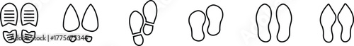 Footprint and shoe print icon set, collection, and group in black line style, including barefoot, boot, sneaker, trail, and walking track symbols, perfect outline and silhouette vector