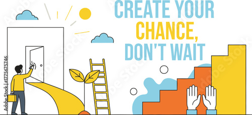 Man opens door to opportunity, steps up career ladder, seize chance