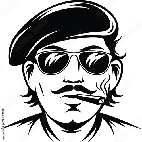 Black and white depicts a mustached man smoking while wearing sunglasses and beret