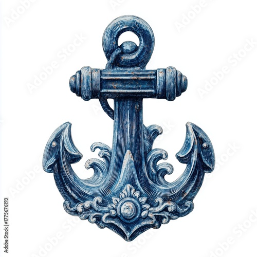 Ornate blue nautical anchor with dolphin motif and distressed texture