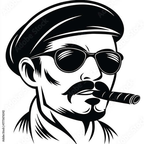 Black and white man with hat smokes cigar wearing sunglasses in monochrome drawing