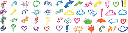 Big collection of vibrant doodle elements including arrows pointers hearts clouds bursts and question marks hand drawn sketch design assets for infographics and interfaces