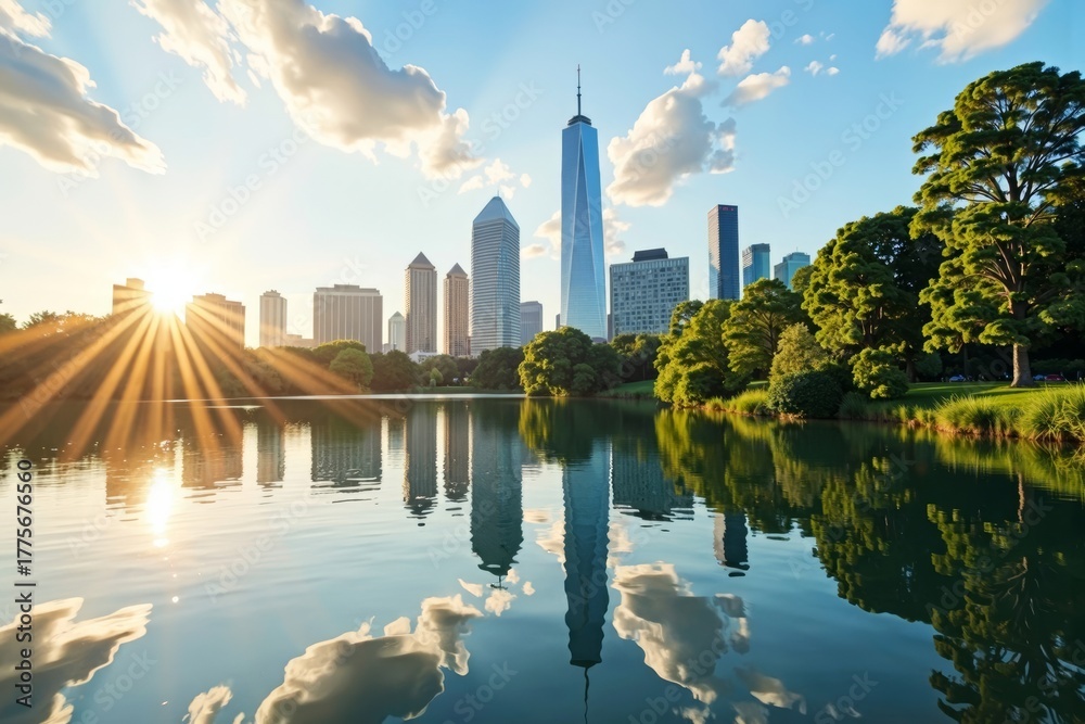 Fototapeta premium Capturing the Harmony: Blending City Skyline and Nature Scene in Double Exposure Photo
