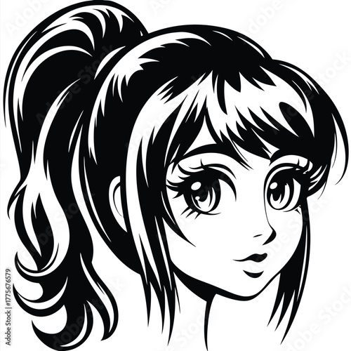 Black and white manga girl with a ponytail gazes directly forward in a portrait