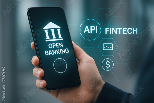 Open banking digital technology with smartphone API system showing financial fintech innovation and secure payment solutions