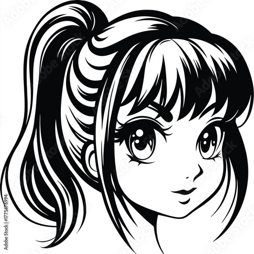 Black and white manga style girl with a ponytail looks forward intently