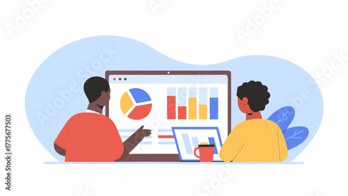 Two people collaborating and analyzing financial data charts and graphs on computer screens in a modern office setting