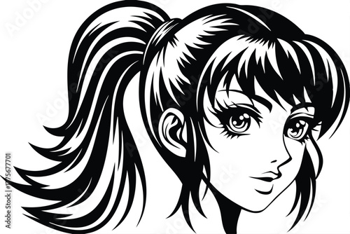 Black and white shows an anime woman with a ponytail stares gently forward