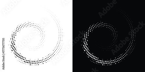 Halftone Circular Dot Pattern. Circle Frame using Halftone Dots Raster Texture. Polka Dots. Spiral logo Icon. Radial design element. Vector Illustration.