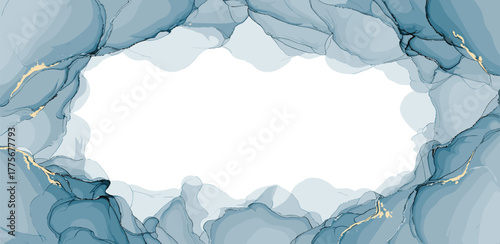 Abstract Blue and Gold Ink Swirls Forming a Delicate Frame with White Space for Text Overlay and Design Elements