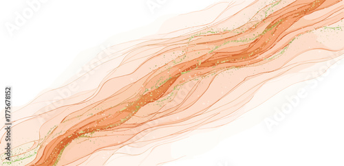 Ethereal diagonal wave of translucent orange alcohol ink with delicate veins of golden-green glitter, a modern abstract design