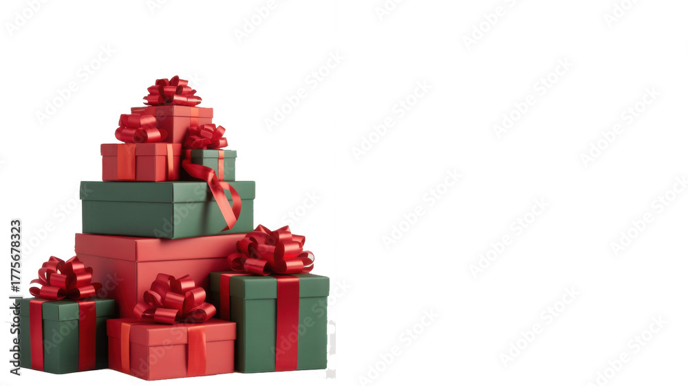 Obraz premium Different green and red christmas gift boxes stacked isolated on white background, PNG 