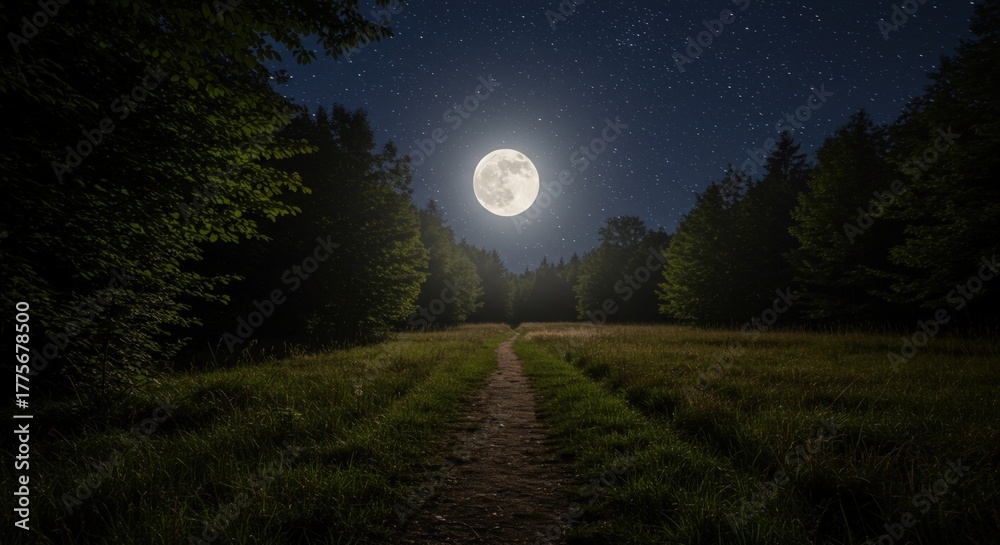 Fototapeta premium Full moon shining in starry night sky over path in forest clearing. Magical night landscape with bright moonlight