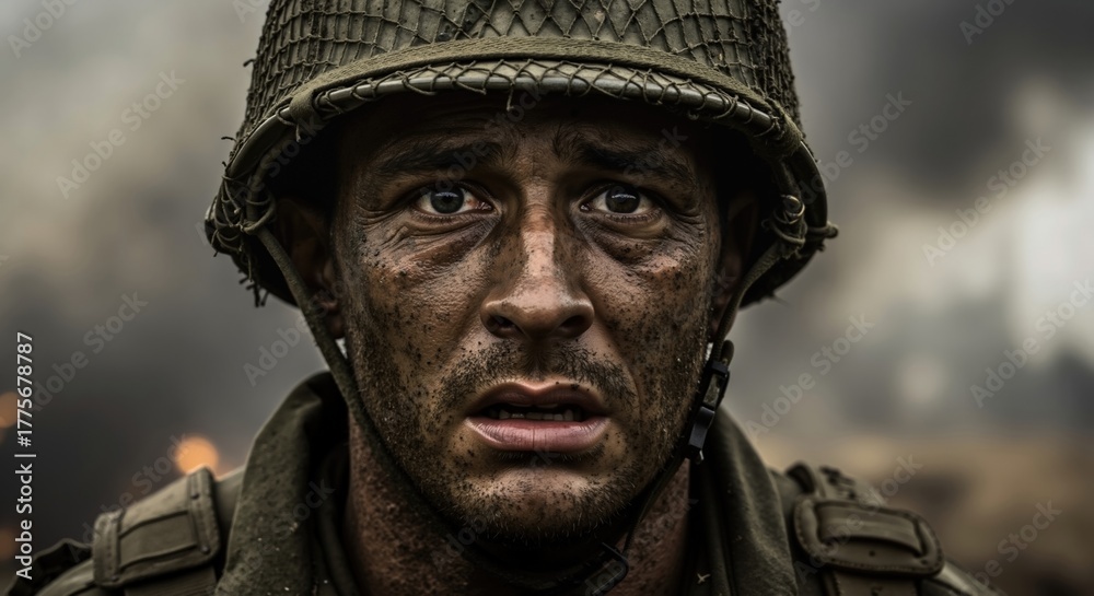 Fototapeta premium Gritty close-up portrait of soldier's face in combat. Intense expression of fear, shock, and trauma on dirty battlefield. Human cost of war concept
