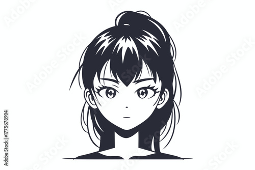 Charming Asian woman with manga eyes and ponytail hairstyle looks directly forward intently