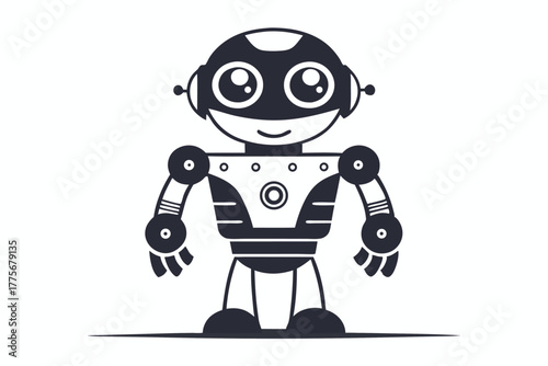 Cheerful robot monochrome with big eyes and rounded body stands still on white