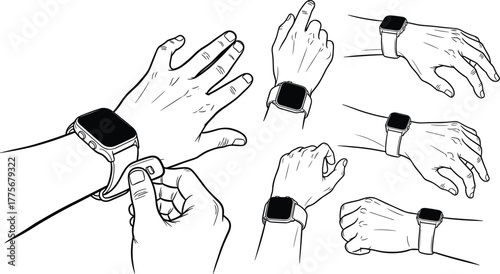 Black and white illustration of hands using smart watch, wearable technology concept, modern gadget drawing for fitness, time and tech design