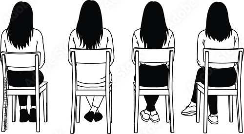 Women sitting on chairs rear view, simple black and white illustration, minimal line art of people, posture, waiting, meeting concept