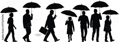 Silhouette people walking with umbrellas in rain, business and casual crowd illustration, teamwork, protection, unity and weather safety concept