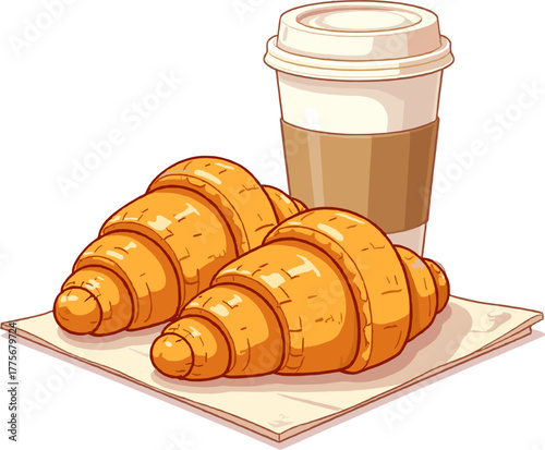 Fresh brewed coffee with buttery croissant, warm breakfast scene symbolizing cozy mornings, comfort, relaxation and simple everyday pleasure