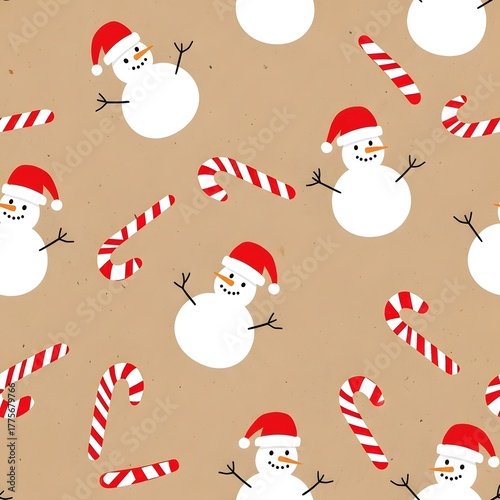 Festive seamless pattern of cute cartoon snowmen wearing santa hats and candy canes on a brown background