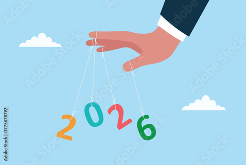 Vector illustration showing a hand controlling the numbers ‘2026’ like a puppet with strings, symbolizing influence, control, or manipulation over future plans and outcomes
