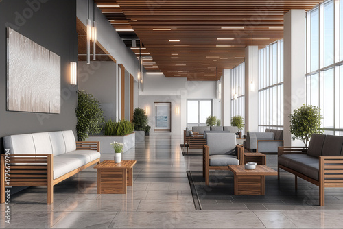 Modern waiting room or lobby interior with wood-framed sofas, tiled floors, and a slatted wood ceiling