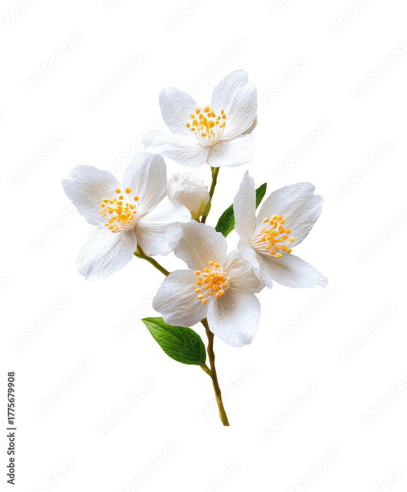 Obraz premium Close-up of three white jasmine flowers on a stem, with green leaves