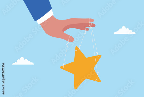 Vector illustration of a hand controlling a golden star with strings like a puppet, symbolizing manipulation of success, controlled achievement, influence, leadership, and managed recognition
