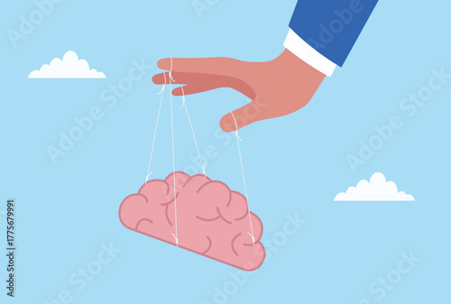 Vector illustration of a hand controlling a brain with strings like a puppet, symbolizing mind control, manipulation, influence, psychological control, decision making, and mental dominance

