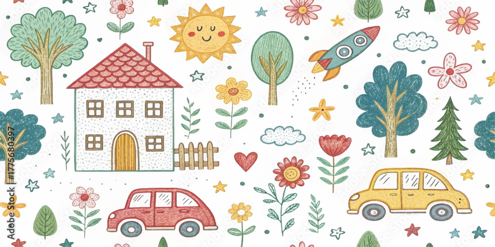 Obraz premium Whimsical hand-drawn doodle seamless pattern with house, rainbow, rocket, flowers, clouds, sun, trees, stars, and car. Cute colorful kids sketch background for fabric, wallpaper, or stationery.