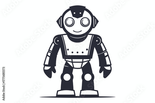 Cute outlined robot character spreads his arms wide and smiles sweetly with joy