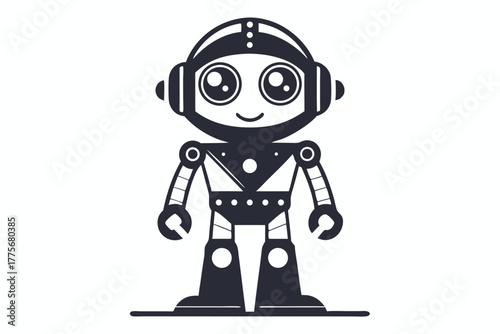 Cute vintage robot with rounded head and big eyes stands on the ground