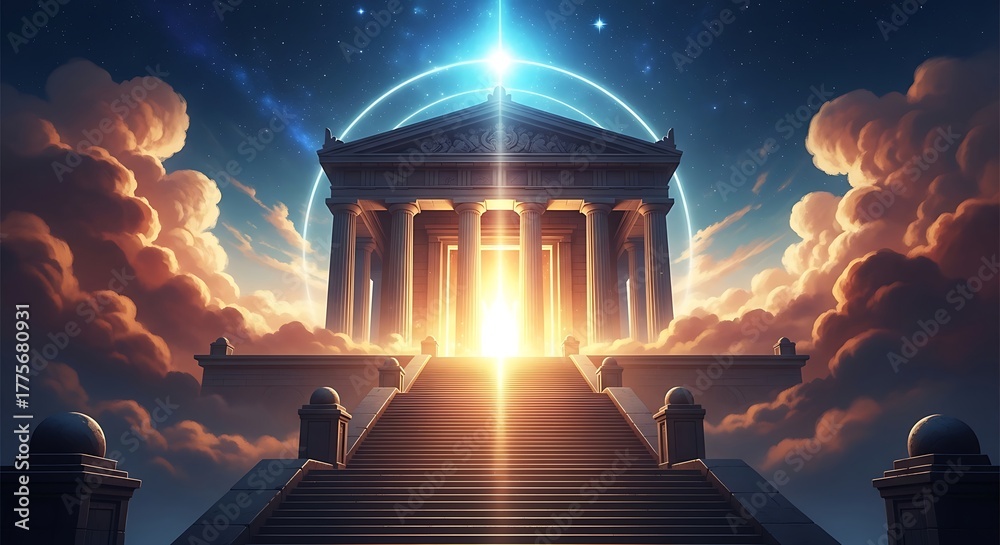 Obraz premium Majestic ancient temple bathed in divine light with grand staircase leading to celestial portal