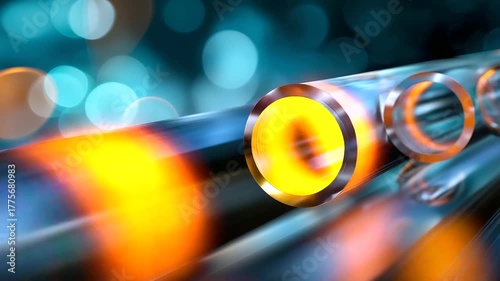 Defocused semi-transparent heat exchange visualization, glowing edges of pipes fading into smooth blue-orange bokeh, with copy space.