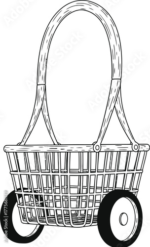 Hand drawn sketch of a wheeled shopping basket with a handle on a white background