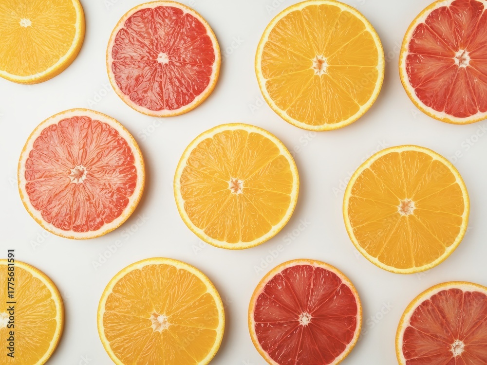 Fototapeta premium Fresh citrus slices arranged in a vibrant flat lay composition on a light surface