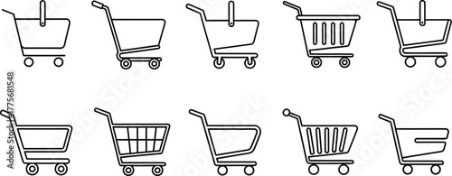 Collection of shopping cart icons representing different styles and sizes for apps and websites, set of retail and e-commerce concepts