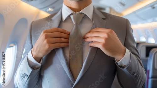 Professional businessman adjusting his tie inside modern airplane