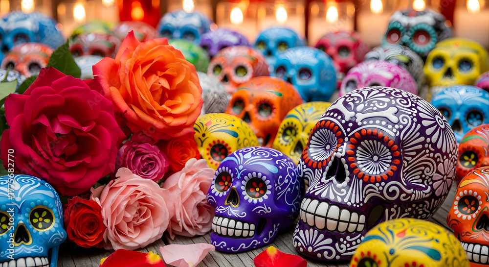 Fototapeta premium Day of the dead sugar skulls and roses
