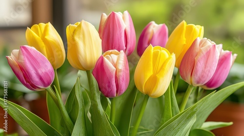 Beautiful arrangement of colorful tulips in vibrant hues of pink and yellow with lush green leaves in a cozy indoor setting