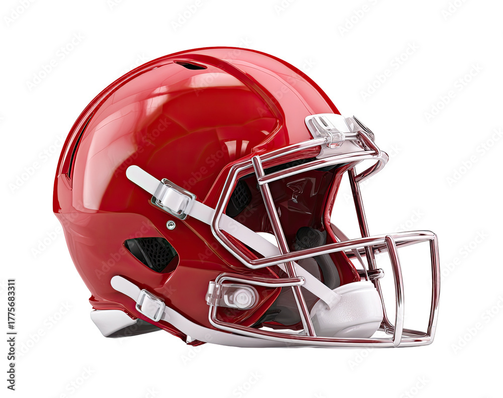 Fototapeta premium Red football helmet, side view. Glossy red shell, clear facemask, white accents