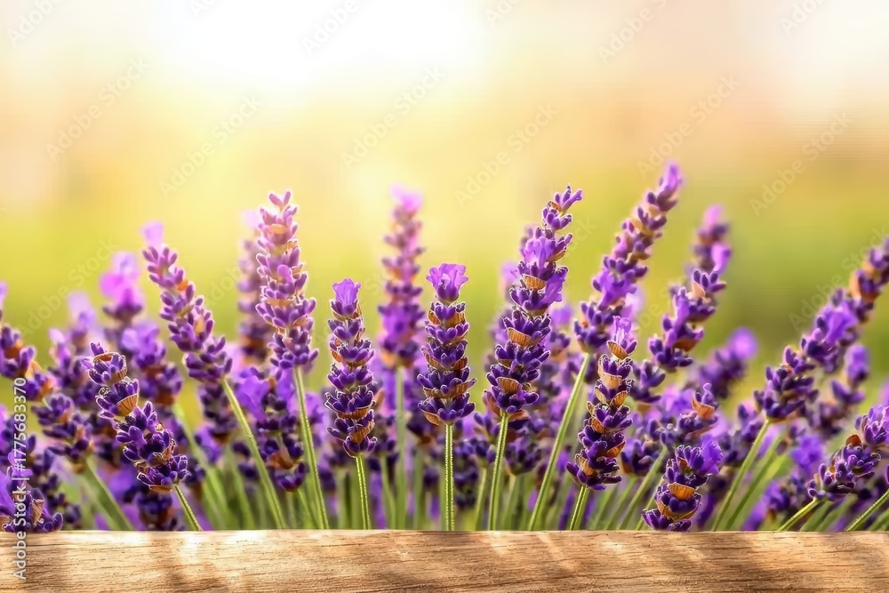 Fototapeta premium Vibrant Lavender Flowers with Soft Sunlight Background and Wooden Surface Ideal for Tranquil Countryside Themes