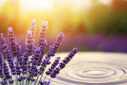 Beautiful Lavender Flowers with Soft Ripples at Sunrise in a Tranquil Nature Scene for Relaxation and Serenity