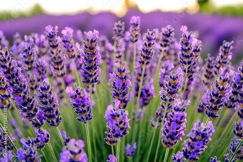 Close-Up View of Vibrant Lavender Flowers Spreading Across a Beautiful Field Under Soft Golden Hour Light