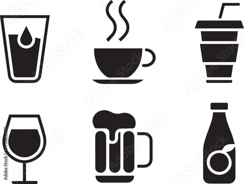 Vector Set of Coffee, Beer, Wine, Soda, and Juice Bottle Symbols.