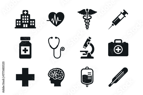 Medical and healthcare icon set featuring hospital, heartbeat, caduceus, syringe, medicine bottle, stethoscope, microscope, first aid kit, cross, brain, iv bag, thermometer for design projects