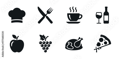 Culinary icons set featuring chef hat, cutlery, coffee, wine, fruits, roasted chicken, and pizza for restaurant branding and menu design